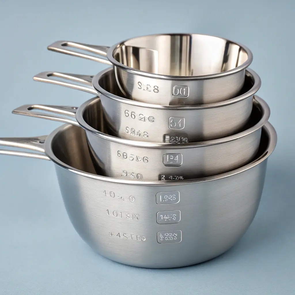 A set of stainless steel measuring cups and spoons.