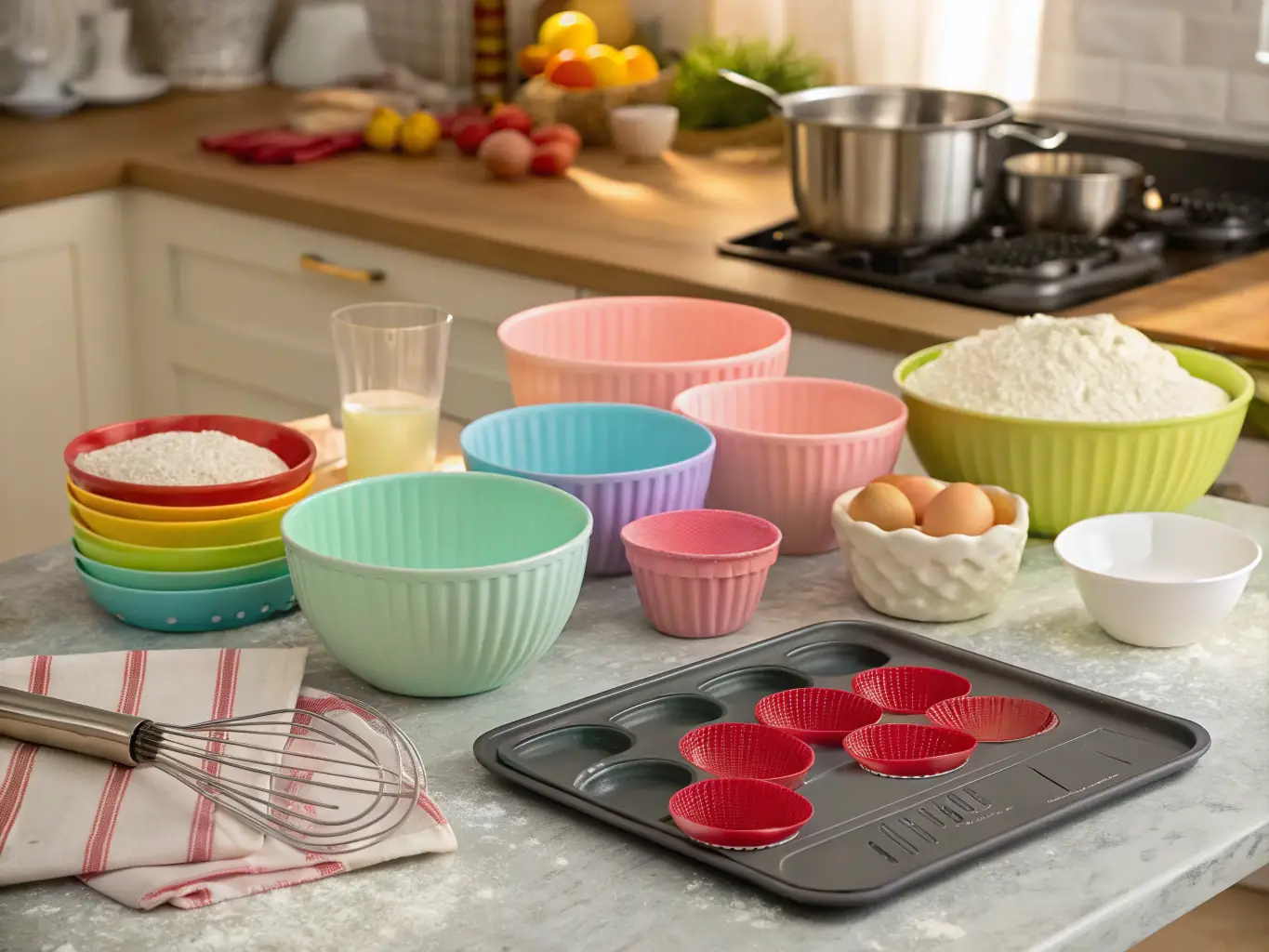 A close-up shot of a set of colorful, easy-to-clean measuring cups and spoons, emphasizing their importance for accurate cooking.
