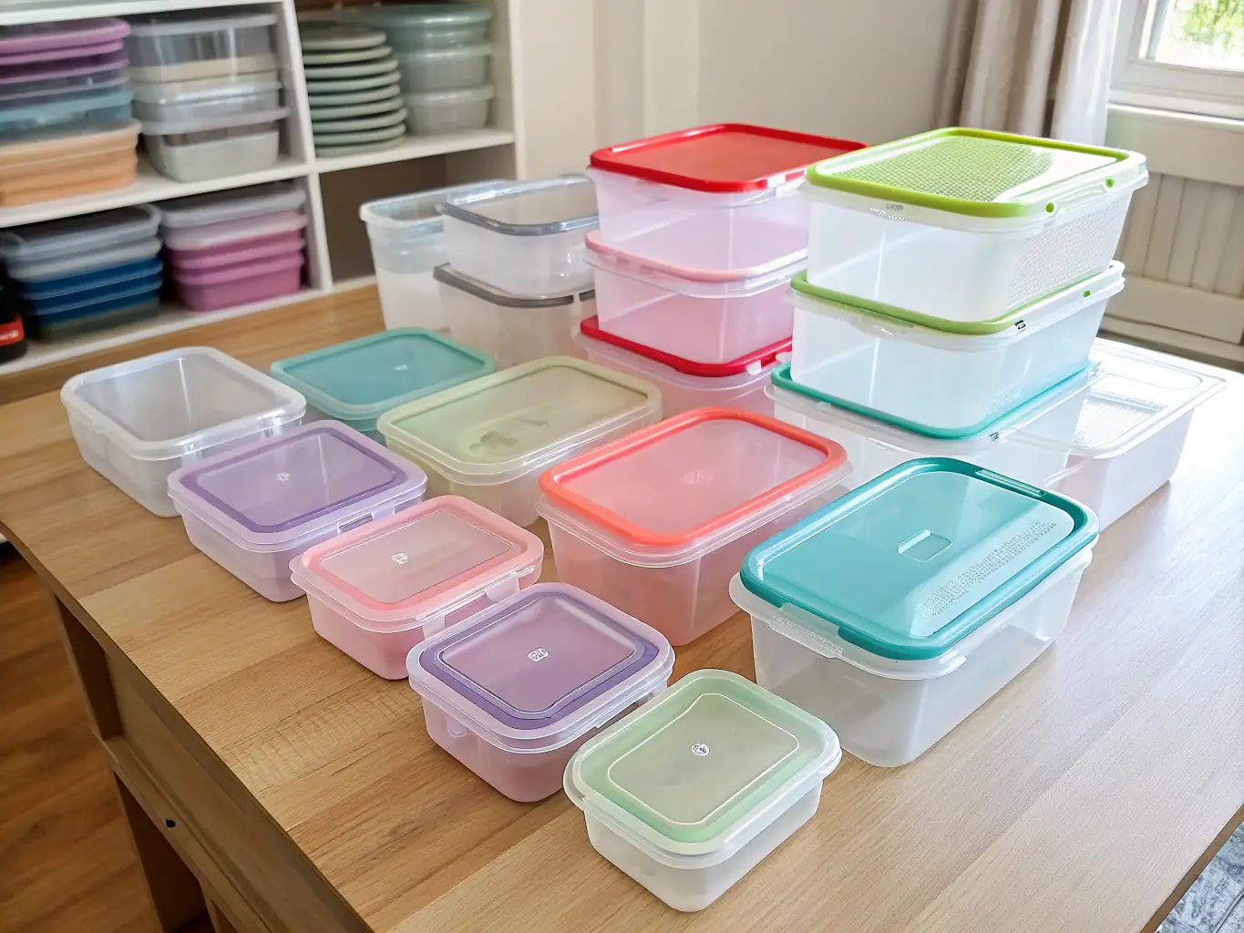 A photo of a set of nesting mixing bowls in various sizes, made of lightweight, durable plastic, stacked neatly on a kitchen counter. The bowls should appear easy to store and clean.