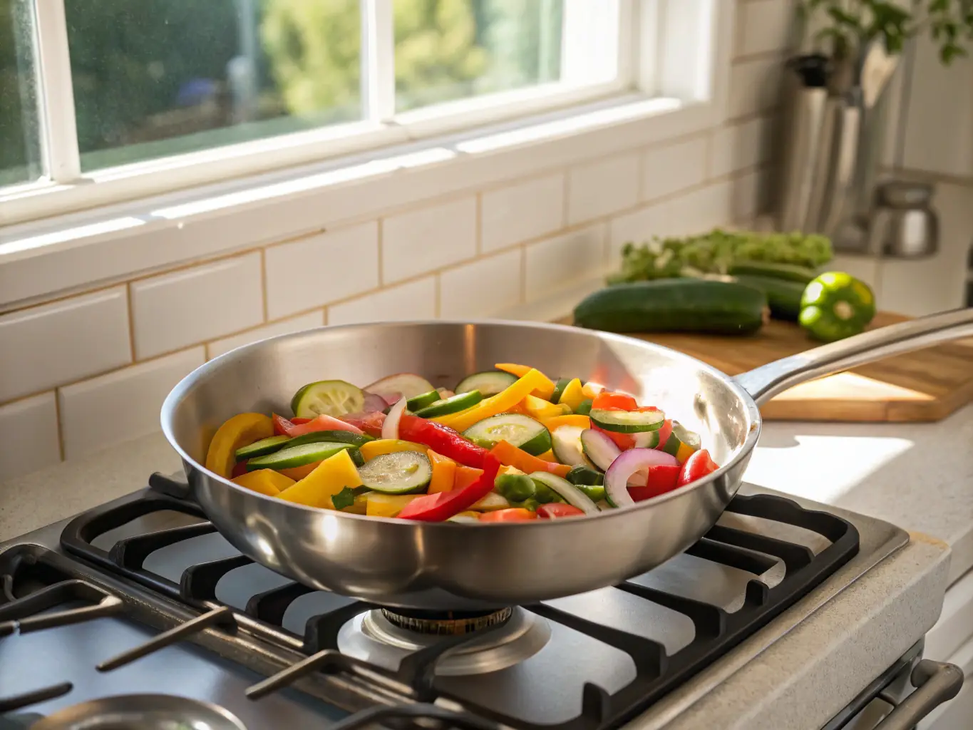 A photograph of a stainless steel skillet on a stovetop with vegetables being sauteed, showcasing its versatility for one-pan meals.
