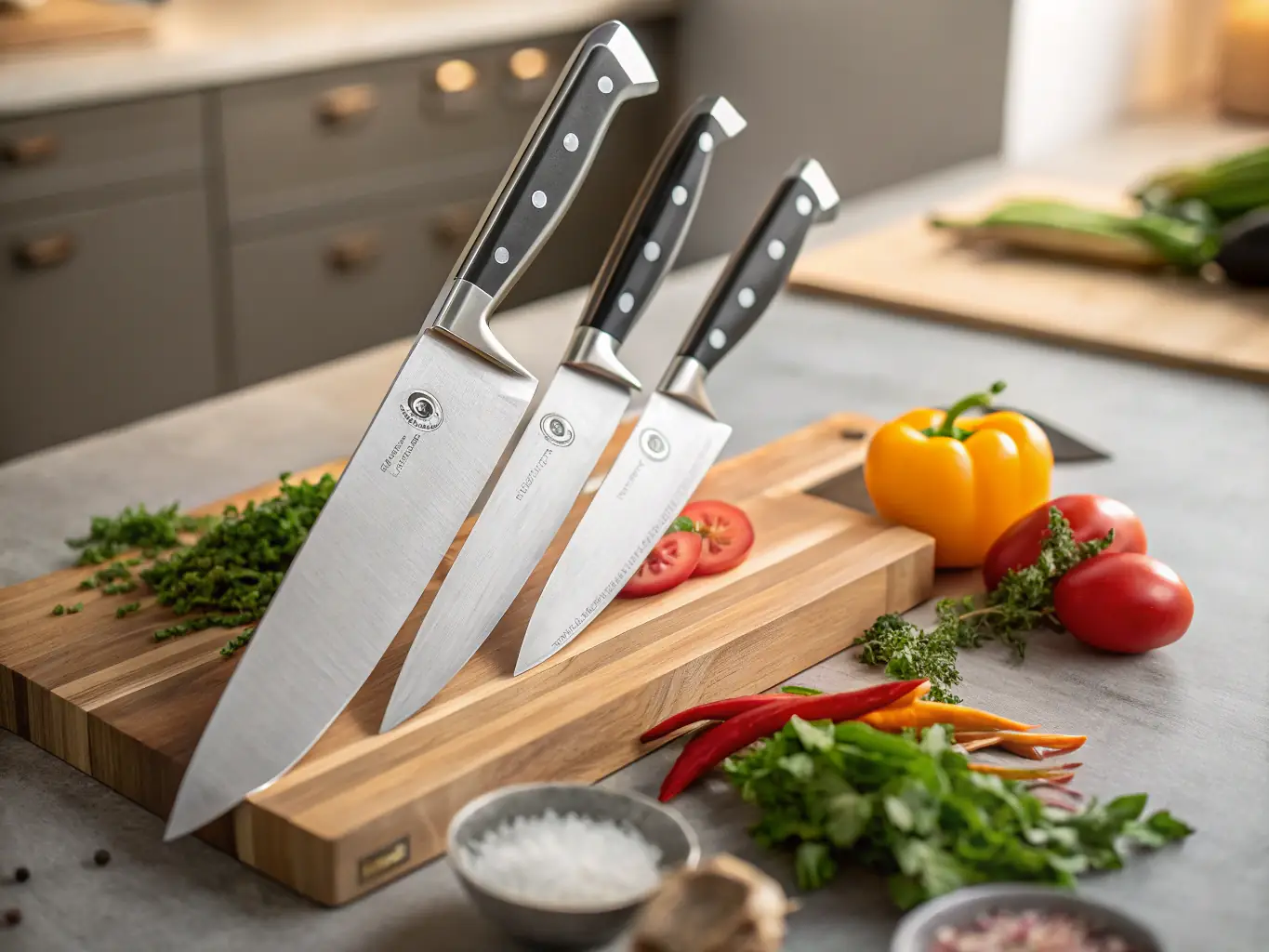 A close-up shot of a high-quality, stainless steel paring knife with a comfortable grip, resting on a wooden cutting board with colorful vegetables in the background. The image should convey precision and ease of use.