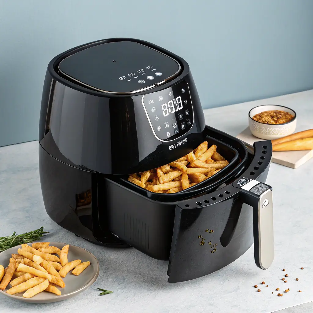An air fryer oven with a digital display and a basket full of crispy pita pizzas.