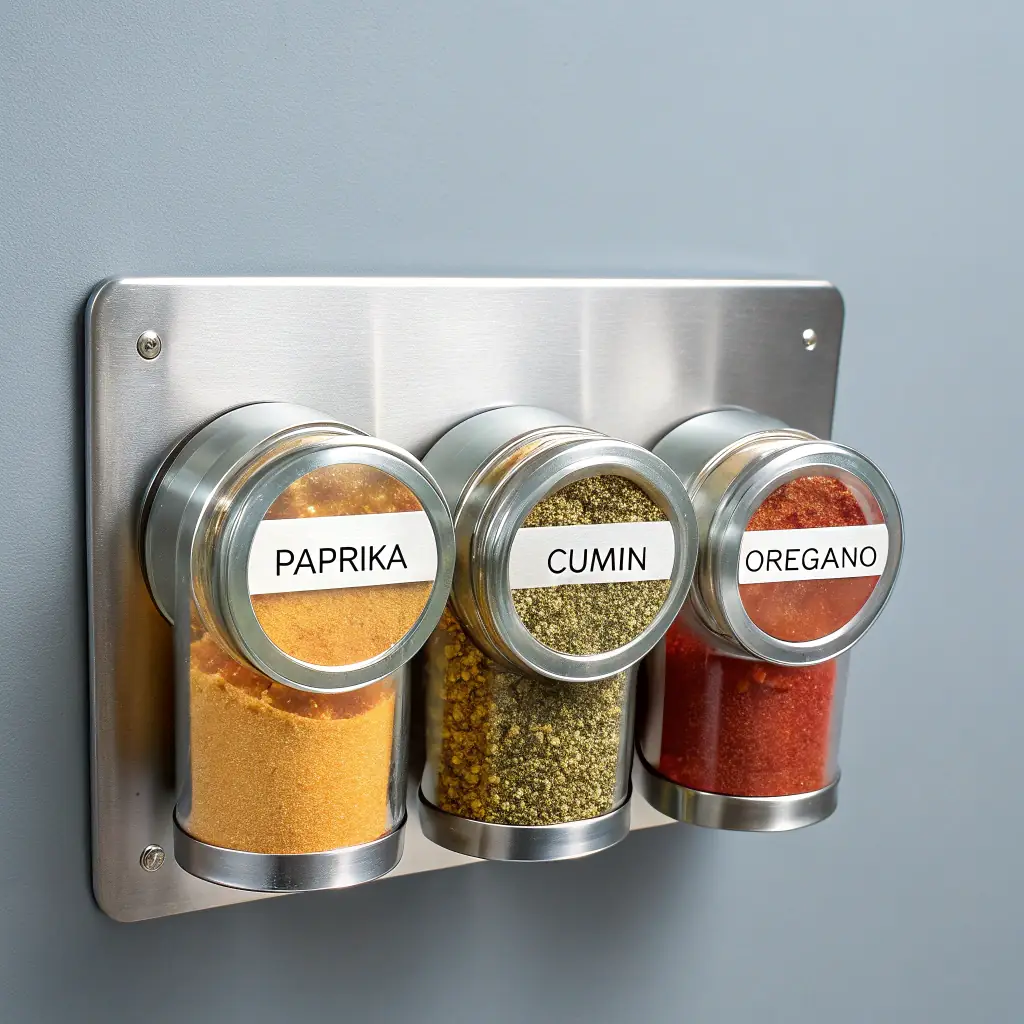 A set of colorful spice containers.