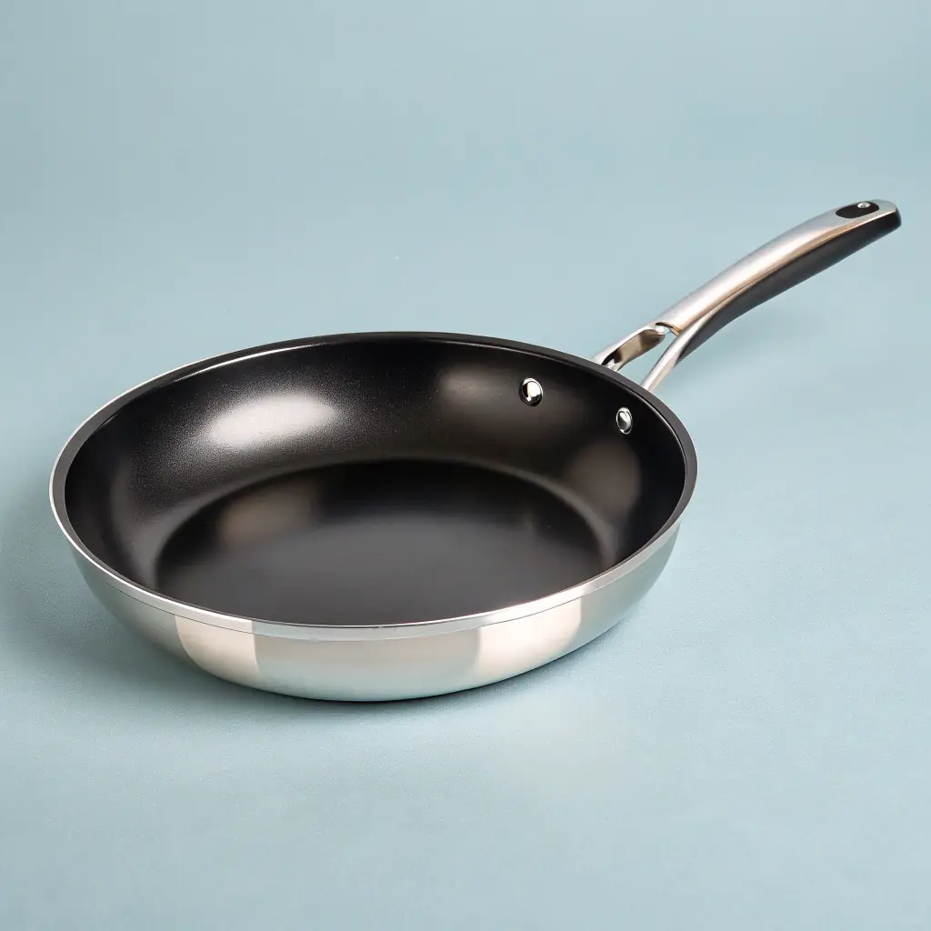 A non-stick frying pan with a spatula.